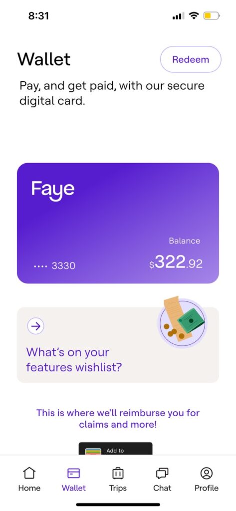 Screenshot of the Faye travel insurance app