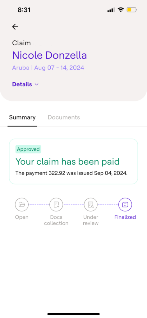 Screenshot of a claim notification on the Faye travel insurance app