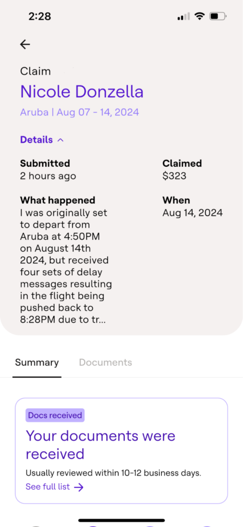 Screenshot of a claim summary on the Faye travel insurance app