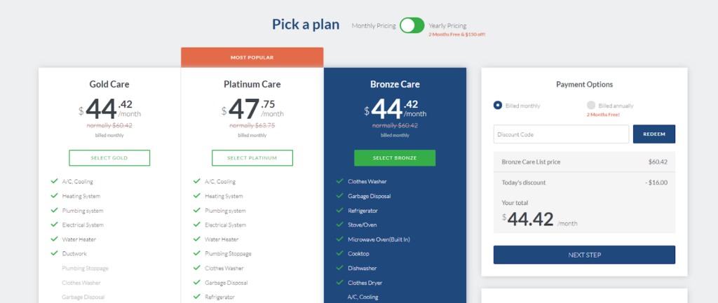 Select Home Warranty plan pricing comparison showing Gold, Platinum, and Bronze Care monthly rates and coverage details.